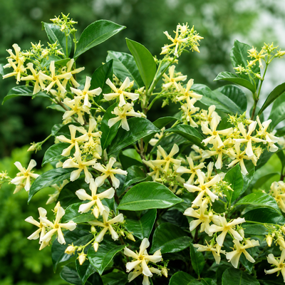 Fioritura compatta del Falso Gelsomino Trachelospermum jasminoides Chili & Vanilla con foglie verdi lucide
