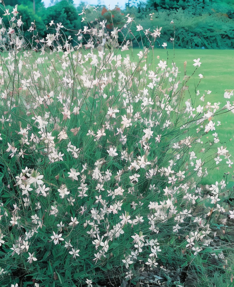 Gaura lindheimeri 'The Bride' in piena fioritura, fiori bianchi eleganti nel giardino