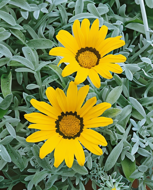 Gazania rigens 'Nivea' in piena fioritura con fiori bianchi luminosi nel giardino