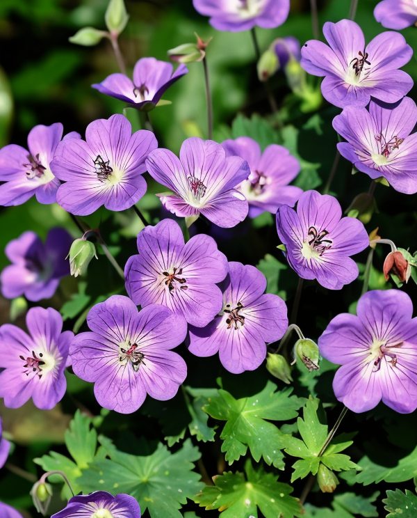 Geranium 'Rozanne' in piena fioritura, fiori viola in giardino