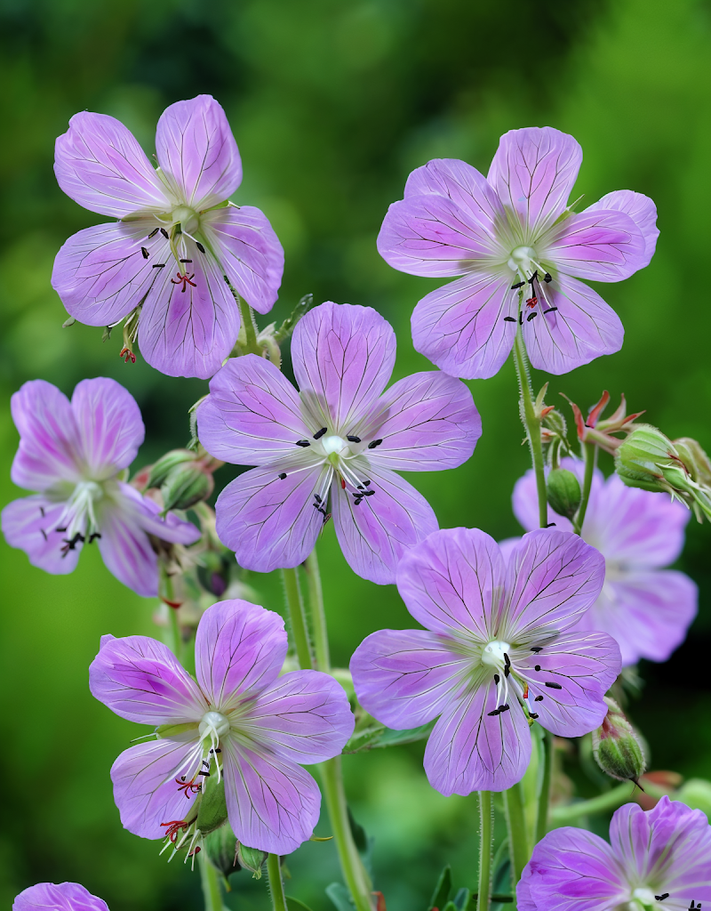 Geranium pratense Mrs Kendall Clark in piena fioritura con fiori blu-lilla e venature più scure nel giardino.