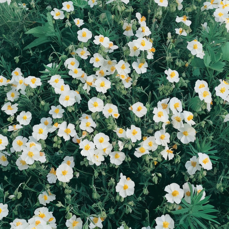 Helianthemum - Hybridum Snow Queen in piena fioritura, un tappeto bianco brillante in giardino
