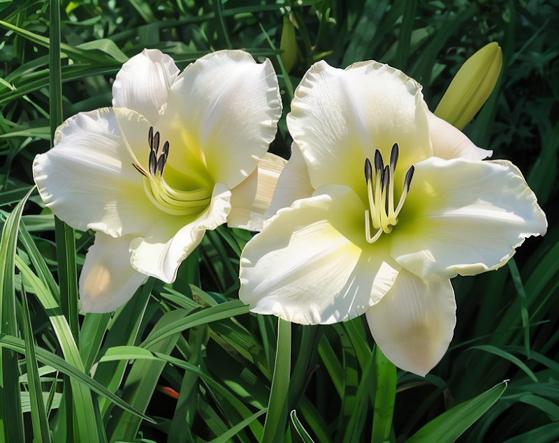 Hemerocallis 'Arctic Snow' con fiori bianchi in un giardino soleggiato