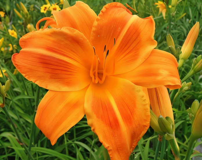 Hemerocallis 'Burning Delight' in piena fioritura nel giardino con colori ardenti