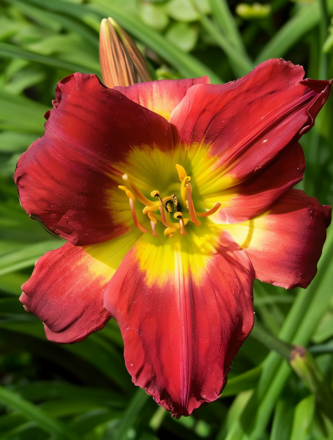 Hemerocallis 'Christmas Is' fiori rosso scuro a forma di stella nel giardino