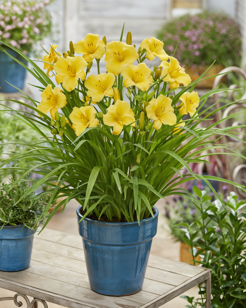 Hemerocallis 'Everdaylily Gold' in piena fioritura in un giardino ben curato