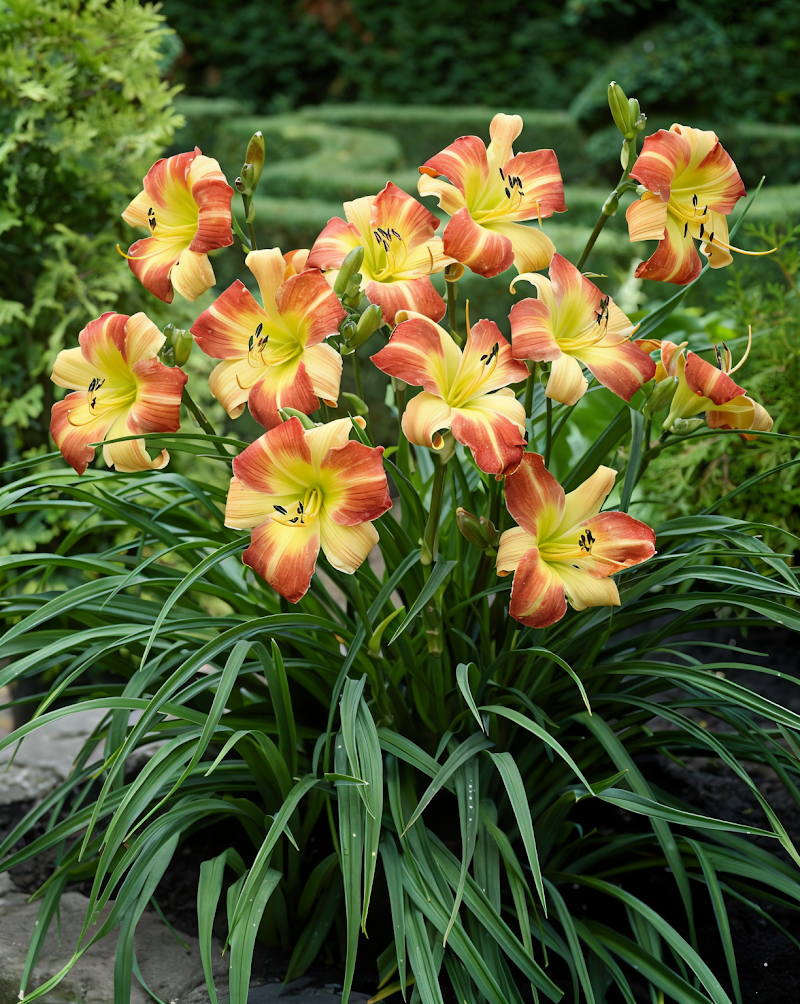 Hemerocallis Frans Hals con fiori bicolore giallo-arancio nel giardino