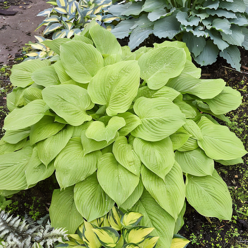 Hosta Hybrida Age Of Gold, foglie variegate giallo oro e verde, per giardino ombreggiato