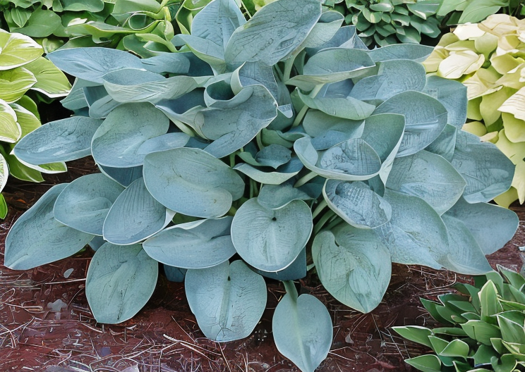 Hosta 'Big Daddy' in primo piano, con le sue maestose foglie blu-grigie a forma di cuore, in un giardino ombreggiato.