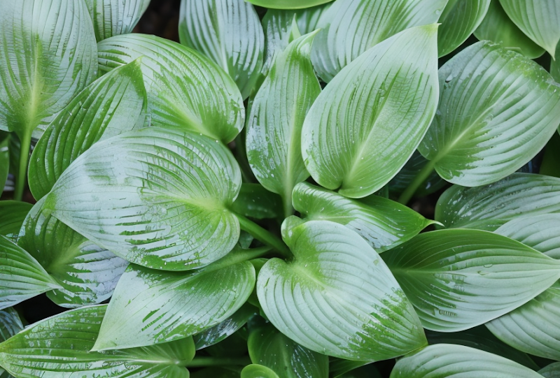 Hosta Devon Green nel sottobosco con foglie verde scuro lucide