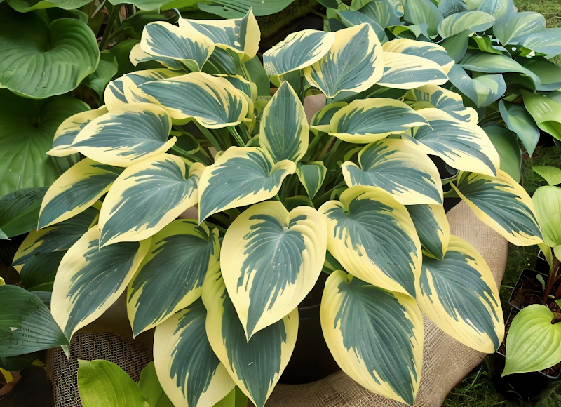 Hosta 'First Frost' con foglie blu-verdi bordate di crema in un giardino ombreggiato