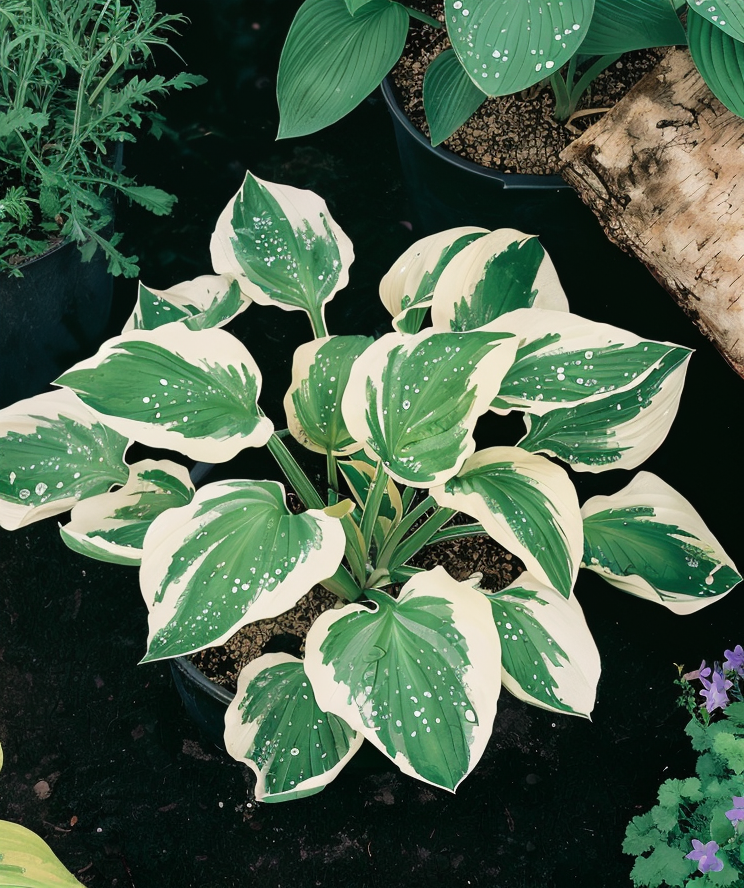 Hosta Fortunei Patriot con foglie variegate verde scuro e margini bianchi in giardino ombreggiato
