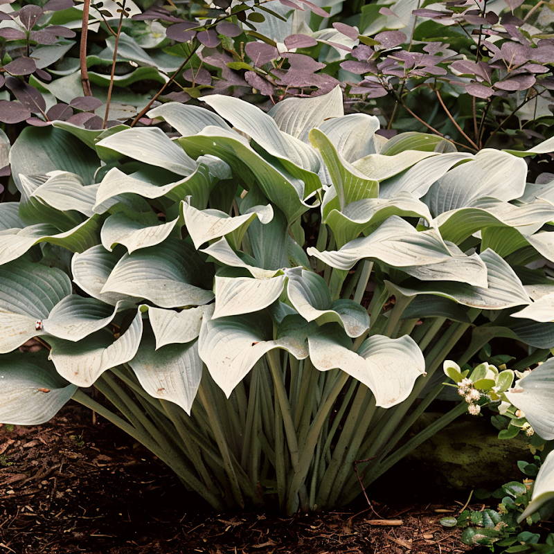Hosta 'Krossa Regal' con foglie blu-verdi e steli fiorali lavanda in un giardino ombroso