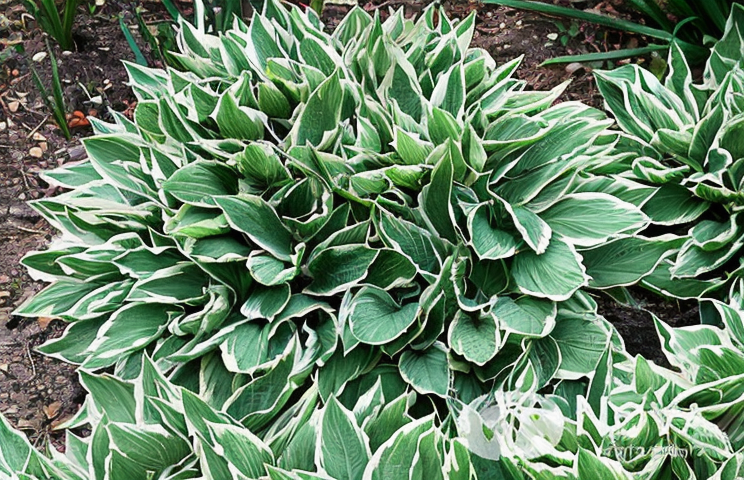 Hosta undulata Albomarginata con foglie variegate e ondulate in un angolo ombroso del giardino