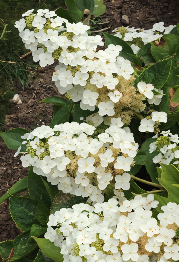 Hydrangea quercifolia 'Alice' con grandi fiori conici bianchi e foglie lobate verde intenso