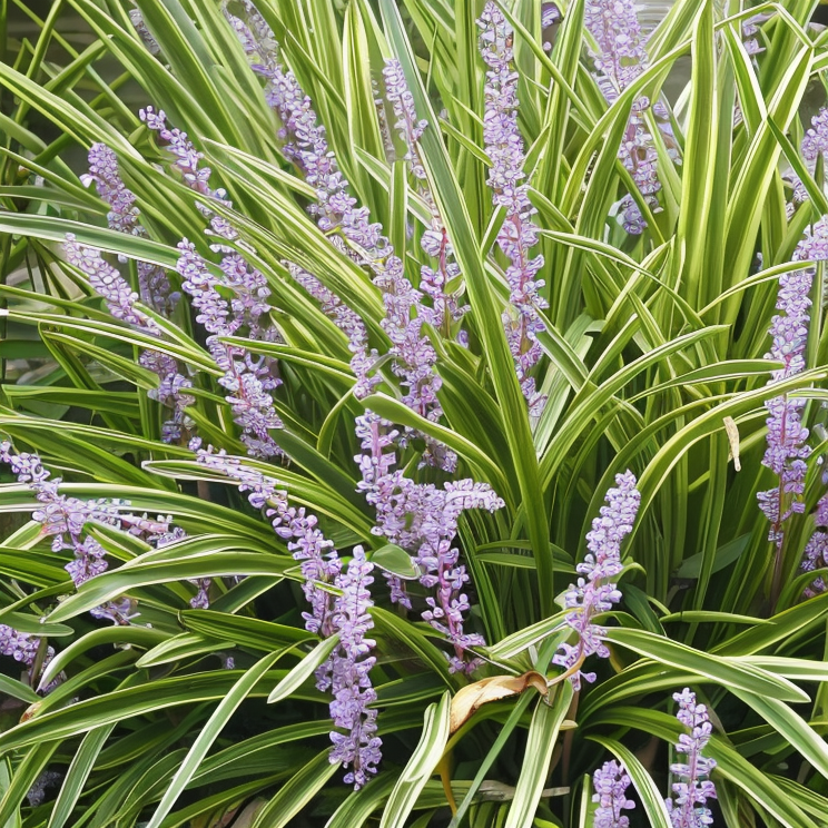 Liriope muscari 'Silvery Sunproof' in primo piano con foglie variegate e spighe di fiori lilla