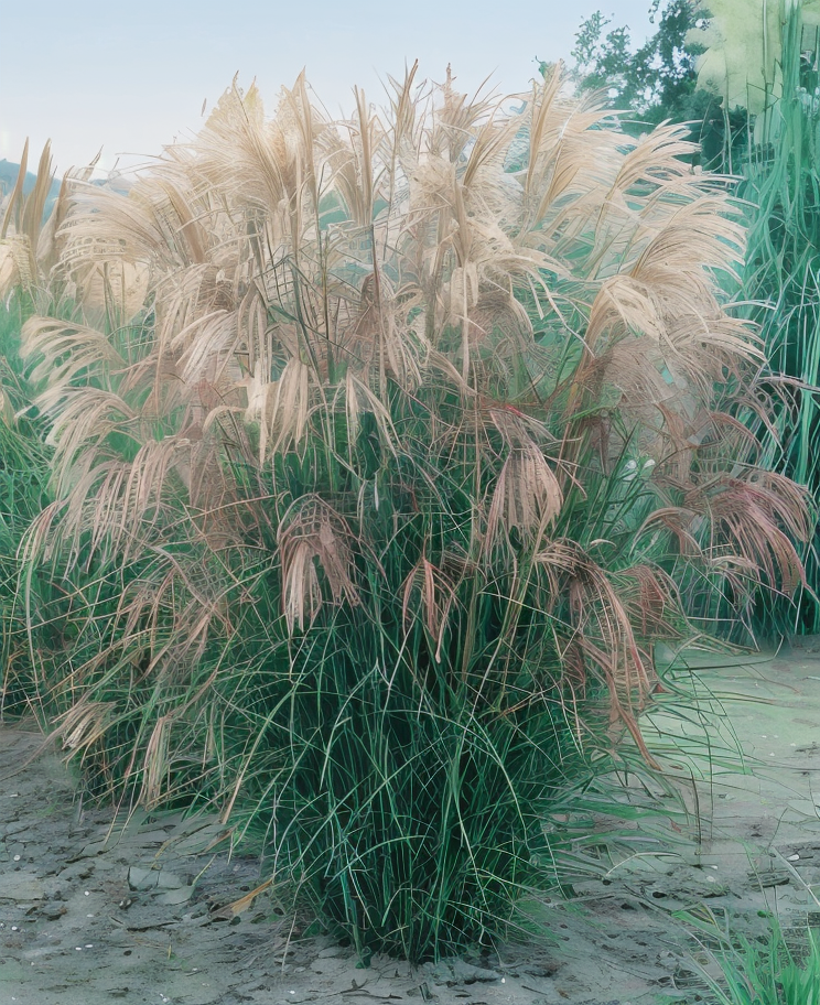 Miscanthus sinensis 'Silberfeder' nel giardino, erba ornamentale ondeggiante