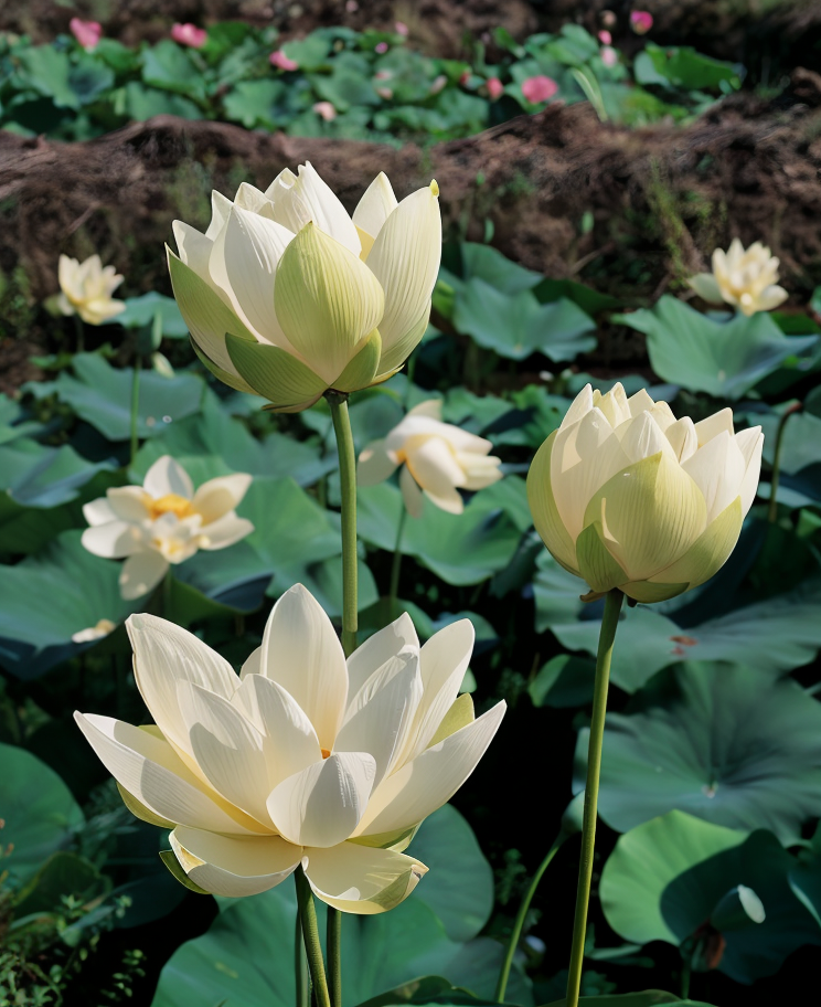 Nelumbo nucifera 'Alba Grandiflora' in piena fioritura in un laghetto ornamentale