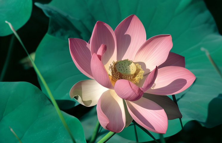 Nelumbo nucifera 'Momo Boton' fior di loto rosa brillante in laghetto ornamentale