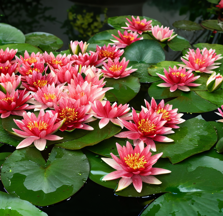 Nymphaea Rustica Rossa Charles De Meurville in piena fioritura, laghetto sereno