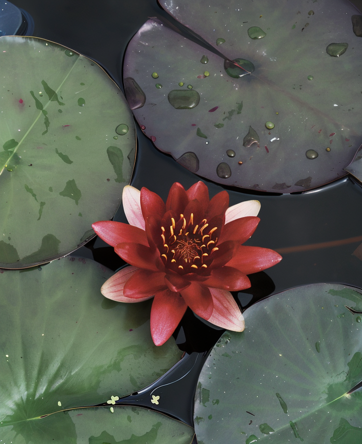 Nymphaea 'Escarboucle' ninfea rossa brillante in un laghetto ornamentale