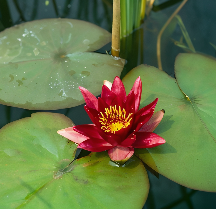 Nymphaea Rustica - Rossa - Laideckeri Purpurata in piena fioritura in un laghetto da giardino
