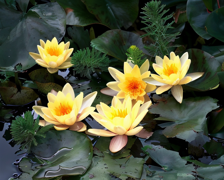 Nymphaea 'Marliacea Chromatella' in piena fioritura con fiori gialli in un laghetto naturale