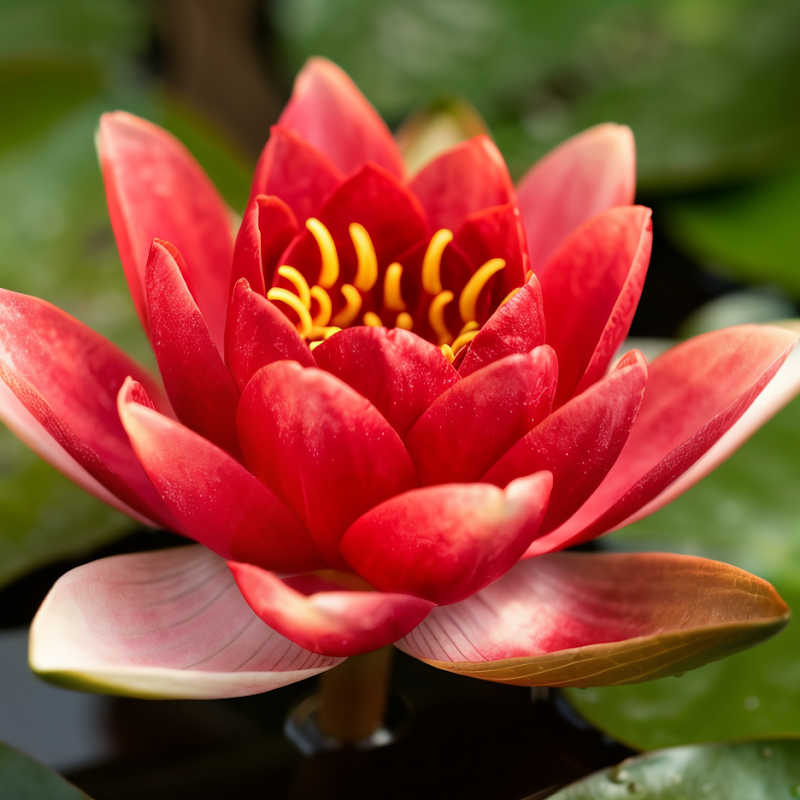 Nymphaea 'Newton' ninfea rustica rossa su specchio d'acqua in giardino acquatico