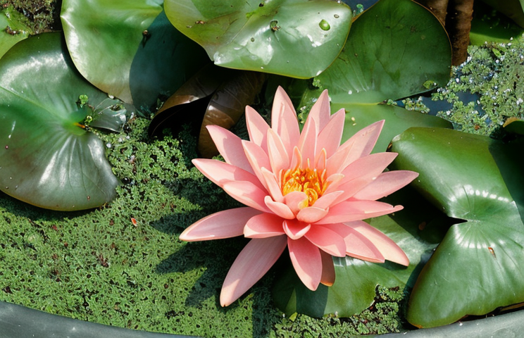 Nymphaea Rustica 'Pink Opal' ninfea rosa in fiore su laghetto rustico