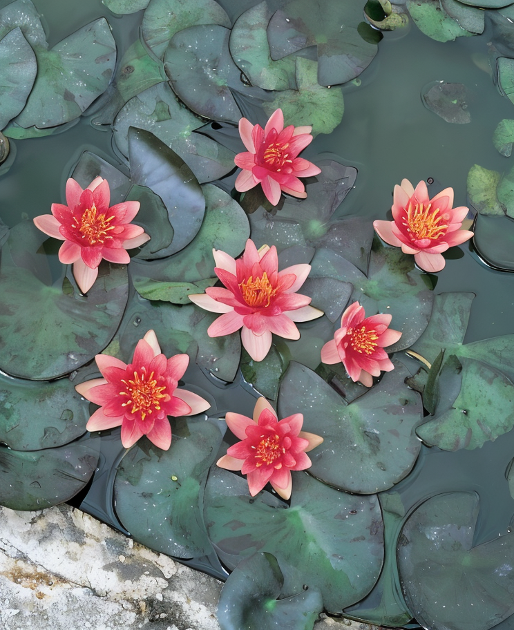Nymphaea 'Pygmaea Rubra' ninfea rossa in fiore in un laghetto da giardino