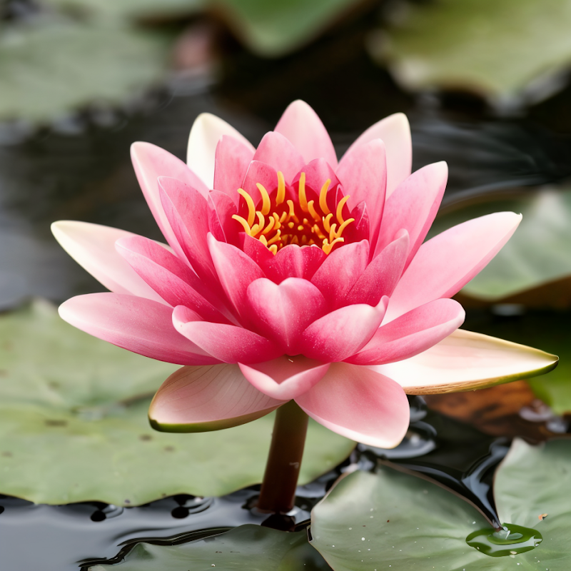 Nymphaea 'Rosa Nobilissima', ninfea rustica dai fiori rosa intenso in uno stagno da giardino.