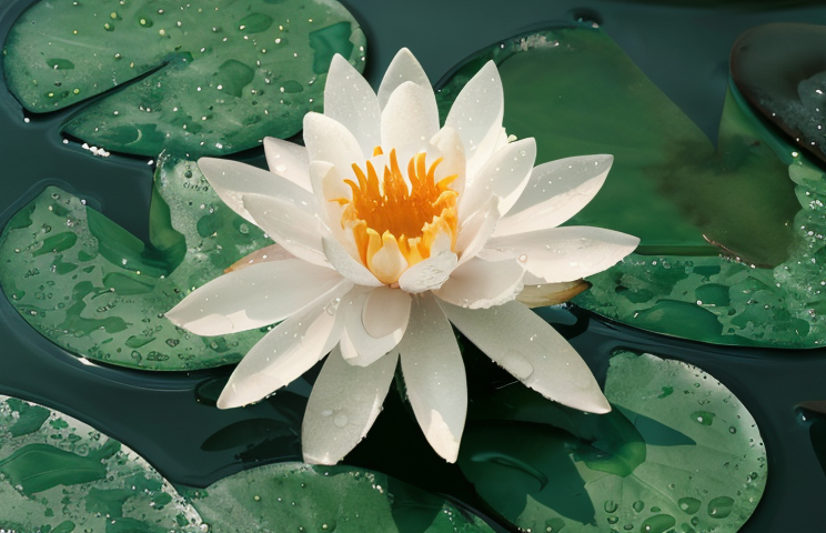 Nymphaea 'Rustica Alba' in stagno con fiori bianchi galleggianti
