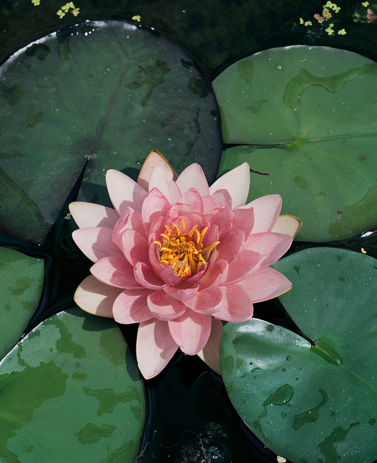 Nymphaea 'Rustica Rosa Formosa' in fiore in un laghetto da giardino, colori vividi