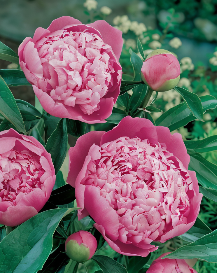 Paeonia lactiflora 'Monsieur Jules Elie' in piena fioritura, fiori rosa doppi e profumati