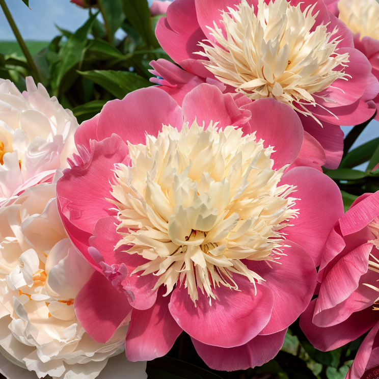 Paeonia lactiflora 'Bowl of Beauty' in piena fioritura, un'esplosione di colore in giardino