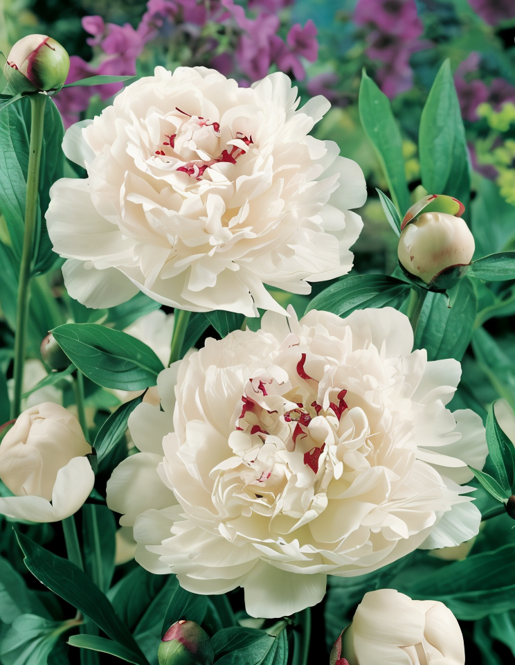 Paeonia lactiflora Festiva Maxima in piena fioritura con fiori bianchi doppi