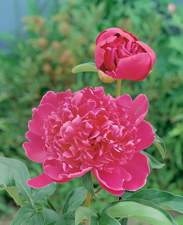 Paeonia lactiflora 'Inspecteur Lavergne' con fiori rosso rubino doppi in piena fioritura