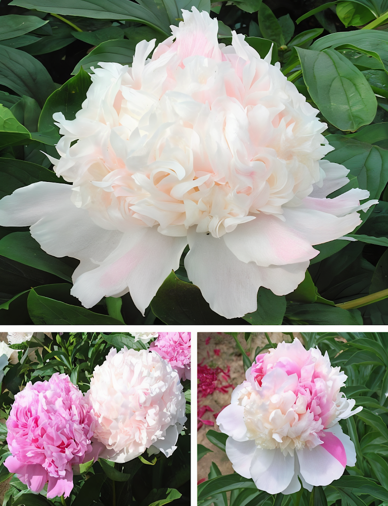 Paeonia lactiflora 'Mister Ed' con grandi fiori bicolori rosa e crema