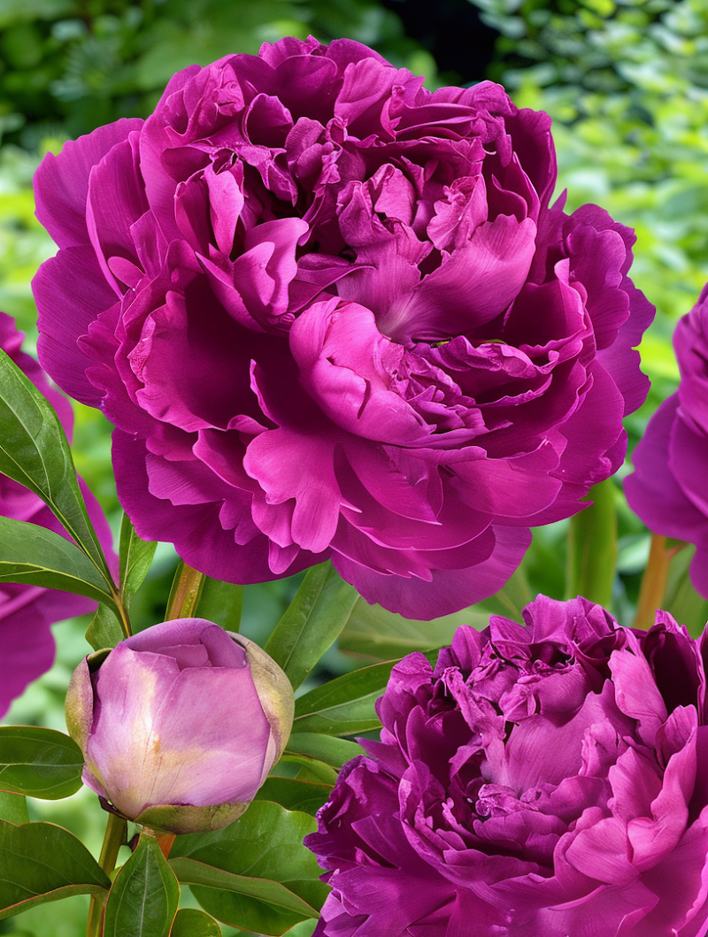 Paeonia lactiflora 'Victoire de la Marne': maestosi fiori rosso rubino in piena fioritura in un giardino elegante