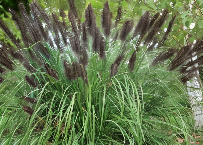 Pennisetum Alopecuroides Black Beauty con spighe fiorite scure in un giardino