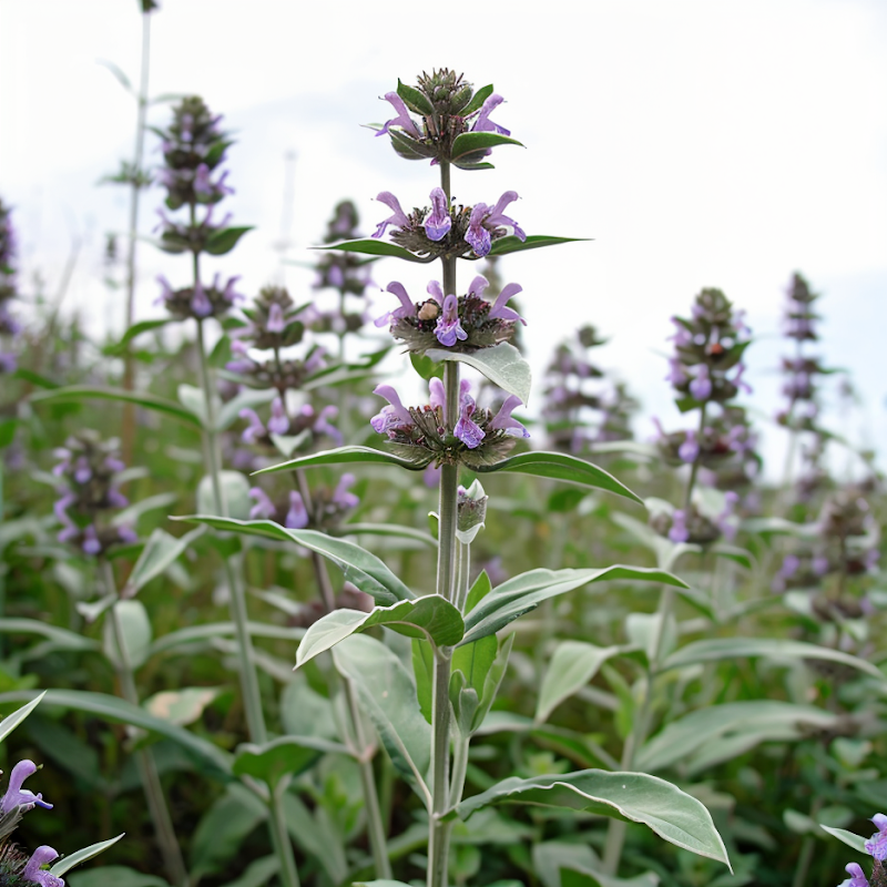 Phlomis purpurea in fiore, dettaglio fiori viola su steli eretti in un giardino assolato