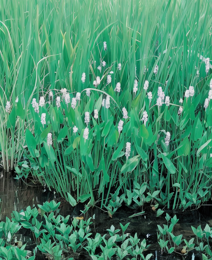 Pontederia cordata 'Alba' in fiore nel laghetto, elegante pianta acquatica bianca