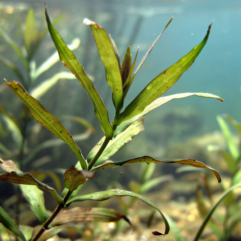 Potamogeton lucens in un laghetto naturale, foglie ovali lucide galleggianti