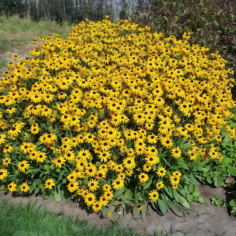 Rudbeckia hirta 'American Gold Rush' in piena fioritura con sfondo verde nel giardino
