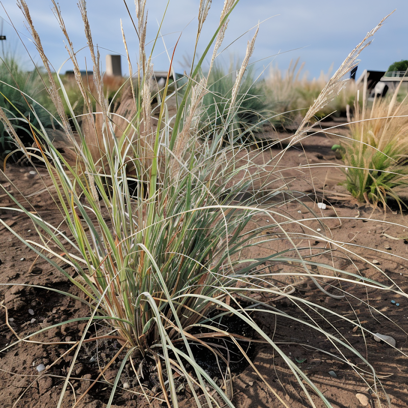 Schizachyrium scoparium 'Smoke Signal' con fogliame autunnale rosso acceso in un giardino soleggiato.