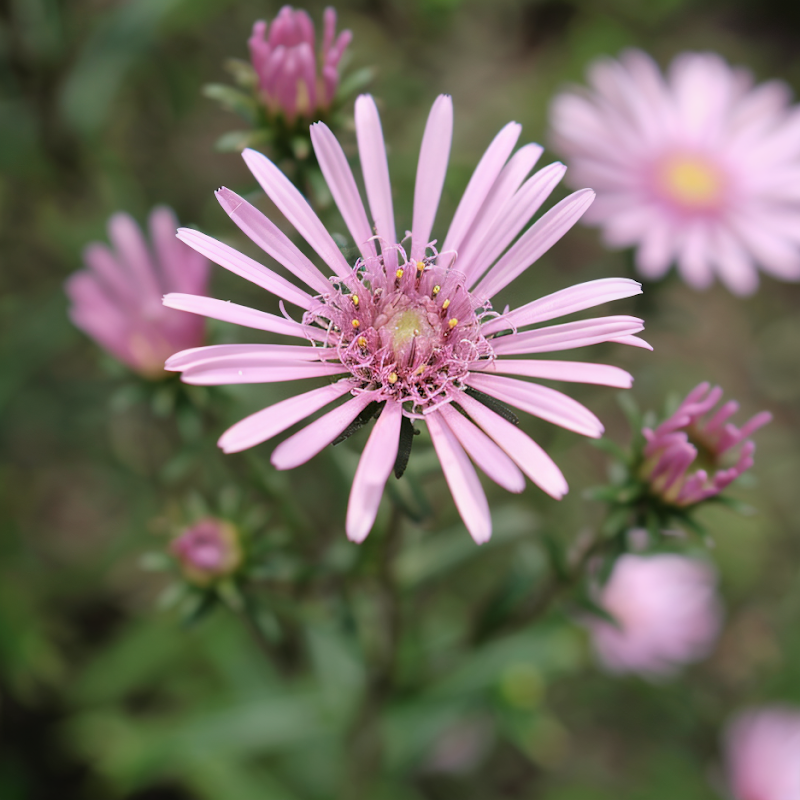 Symphyotrichum ericoides Pink Star in piena fioritura autunnale nel giardino
