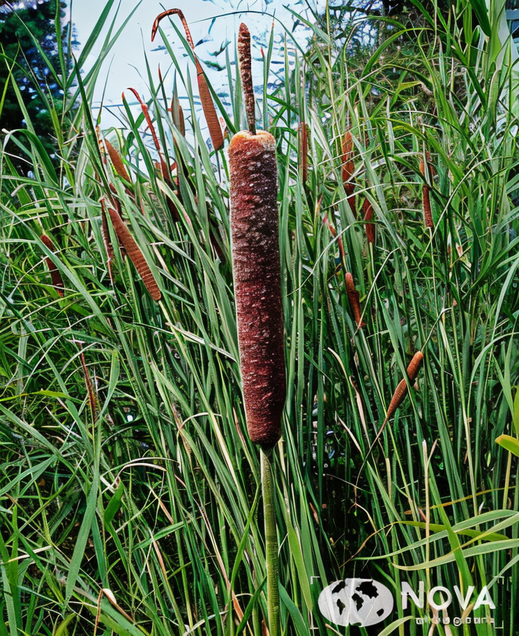 Typha angustifolia in uno stagno con la sua spiga caratteristica
