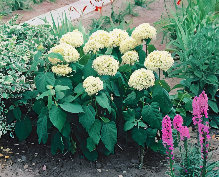 Hydrangea arborescens 'Annabelle' con grandi fiori bianchi in giardino
