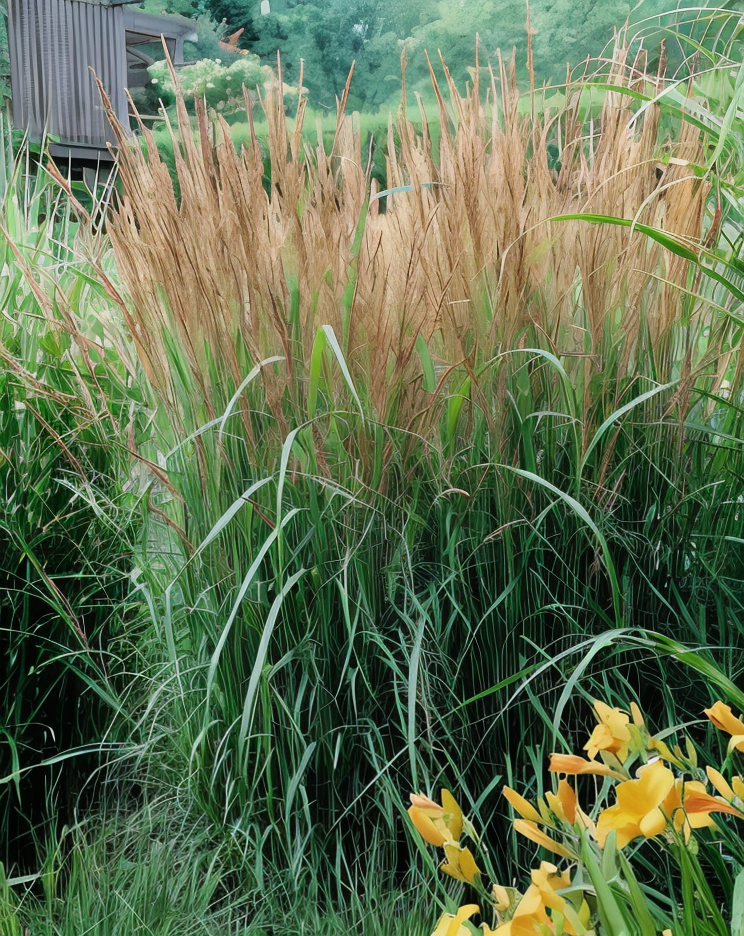 Calamagrostis x acutiflora 'Karl Foerster' in un giardino contemporaneo, vista panoramica
