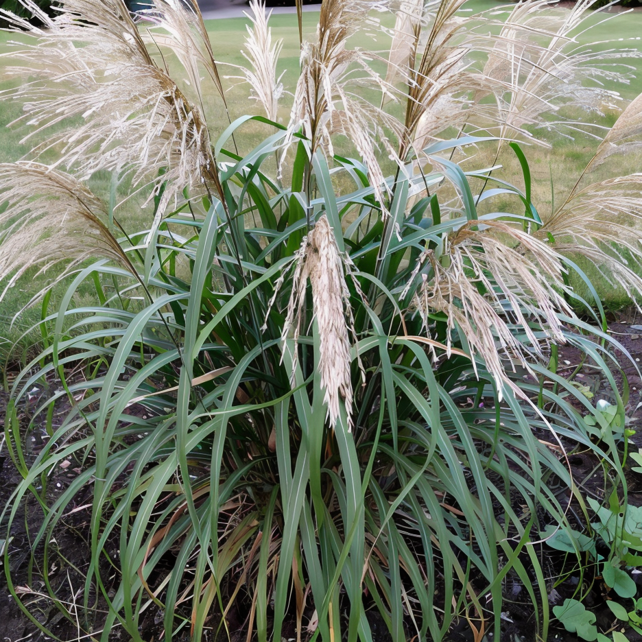 Miscanthus sinensis 'Boucle' in un giardino moderno con luce solare